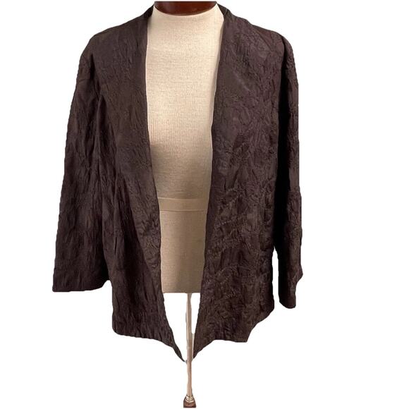 Eileen Fisher Brown Silk Open Front Embroidered Jacket Size Medium Quiet Luxury - Picture 1 of 5